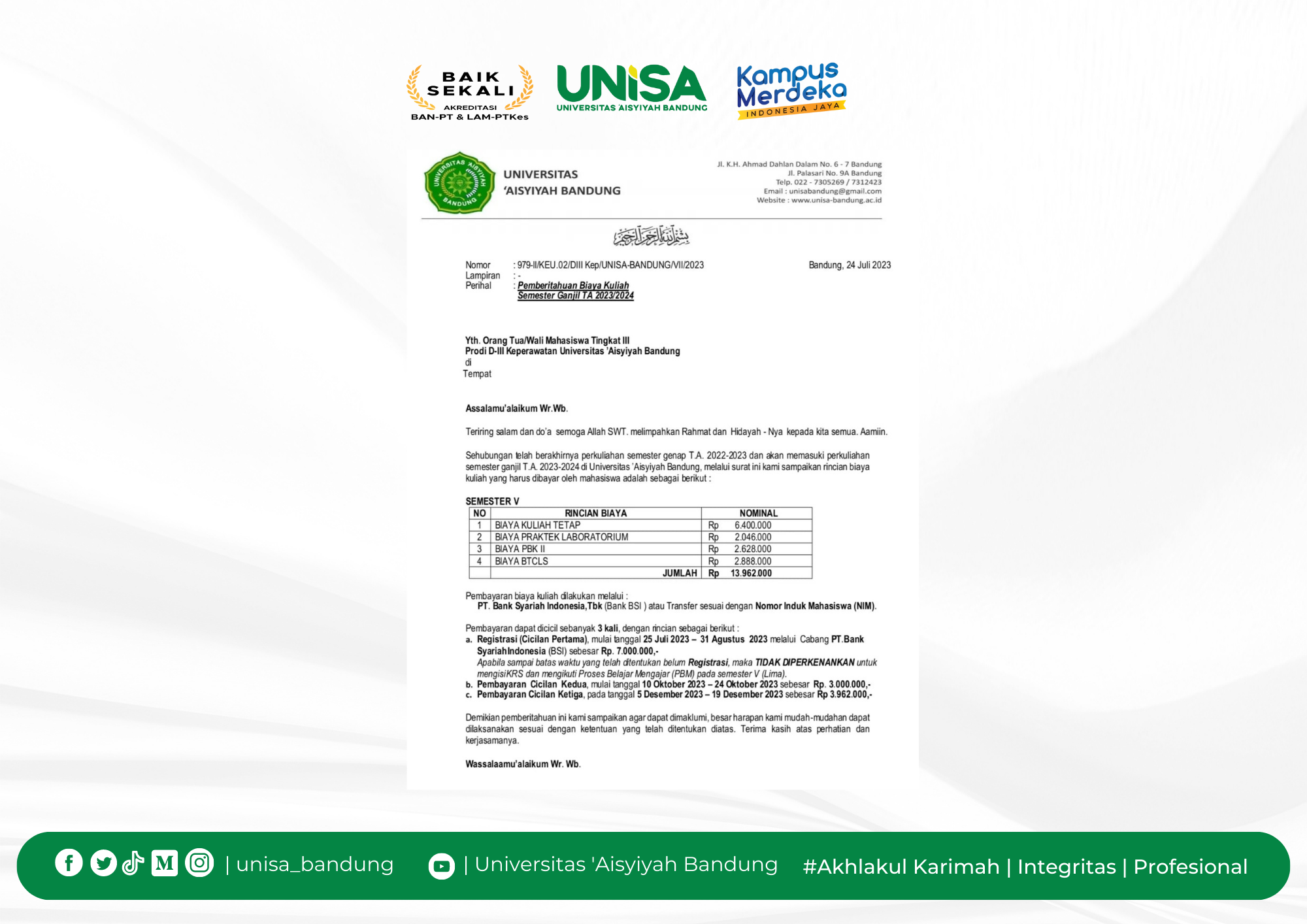 Penting Berikut Pemberitahuan Biaya Kuliah Semester Ganjil Ta 20232024 Unisa Bandung 