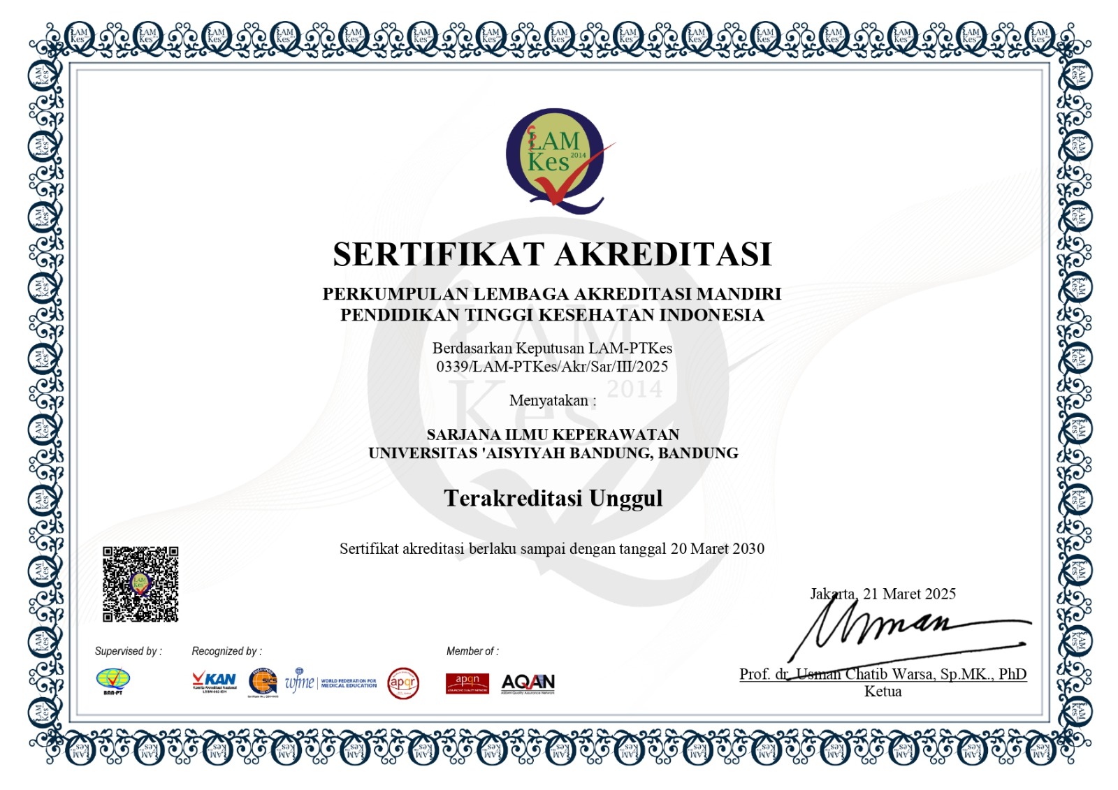 Sertifikat Akreditasi UNGGUL S1 Ilmu Keperawatan 2025-2030
